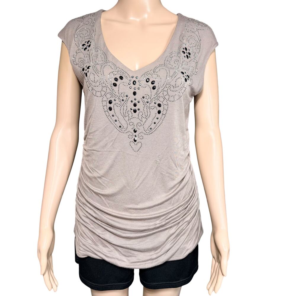 Y2K Apt 9 Womens Blouse Top V Neck Cap Sleeve Ruched Sides Jeweled Tan Medium